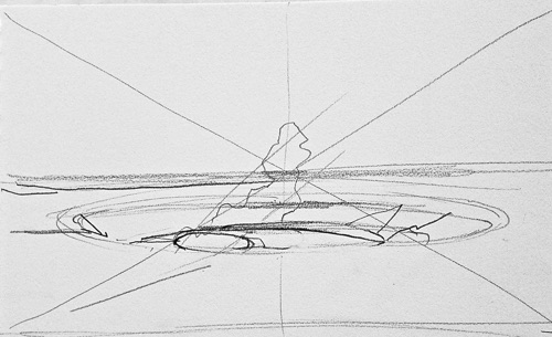 Halemaʻumaʻu Crater from the Hawaiian Volcano Observatiory Drawing, 4 3/4" x 8 1/8", pencil on paper, 2016.